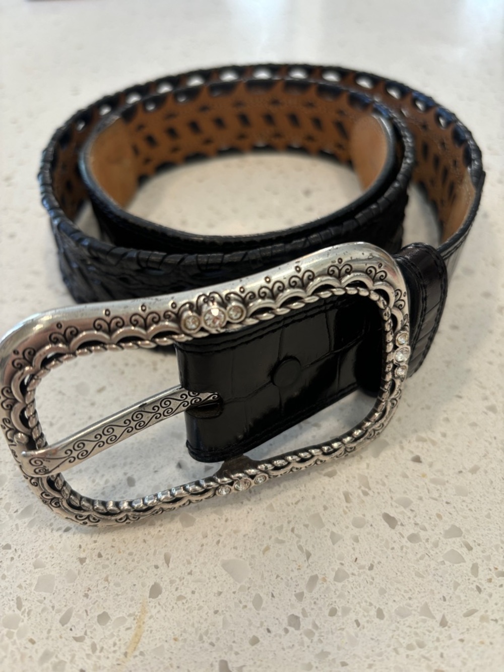 Brighton Black Croc-Embossed Leather Belt with Decorative Silver Buckle